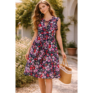 Maggy London Cotton Dress Size 14 Floral Sleeveless Summer Ruffled Cottagecore